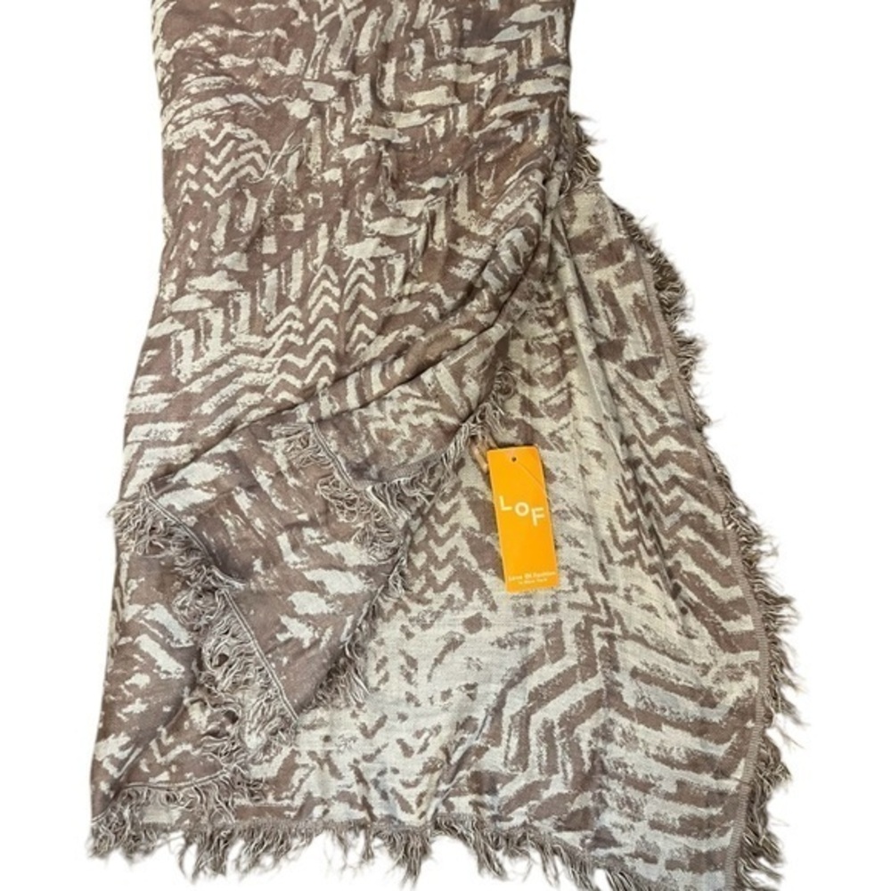 NWT Love Of Fashion LOF NY 100% Cotton Print Scarf, Tan & Ivory